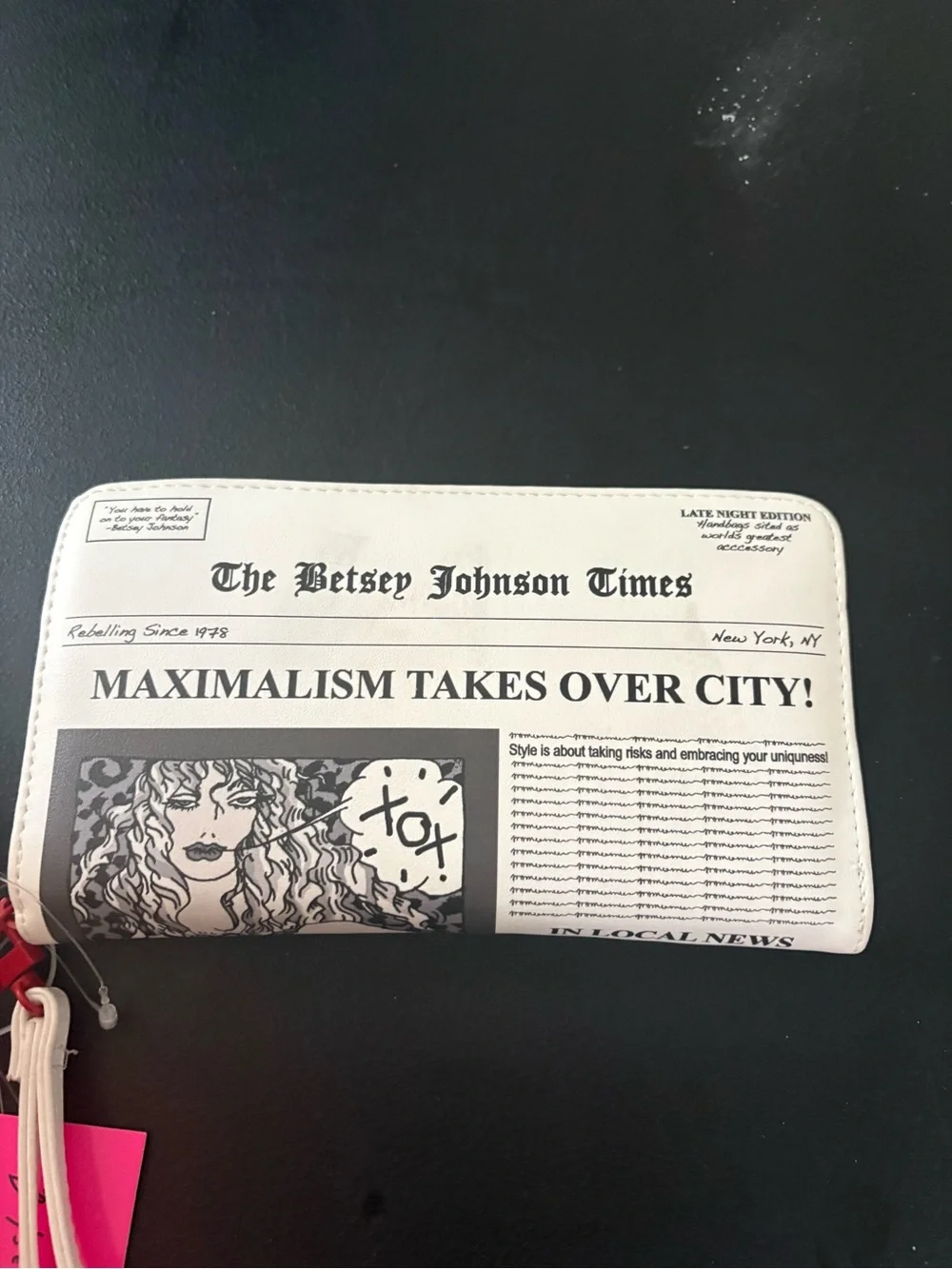 Betsey Johnson White & Black Newspaper Print Zip Wallet with Pink Logo